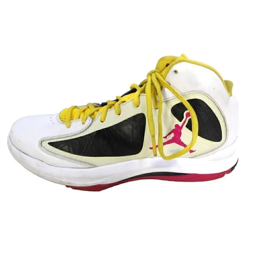 JORDAN Flywire white, red & yellow high top leather sneakers men's size 12
